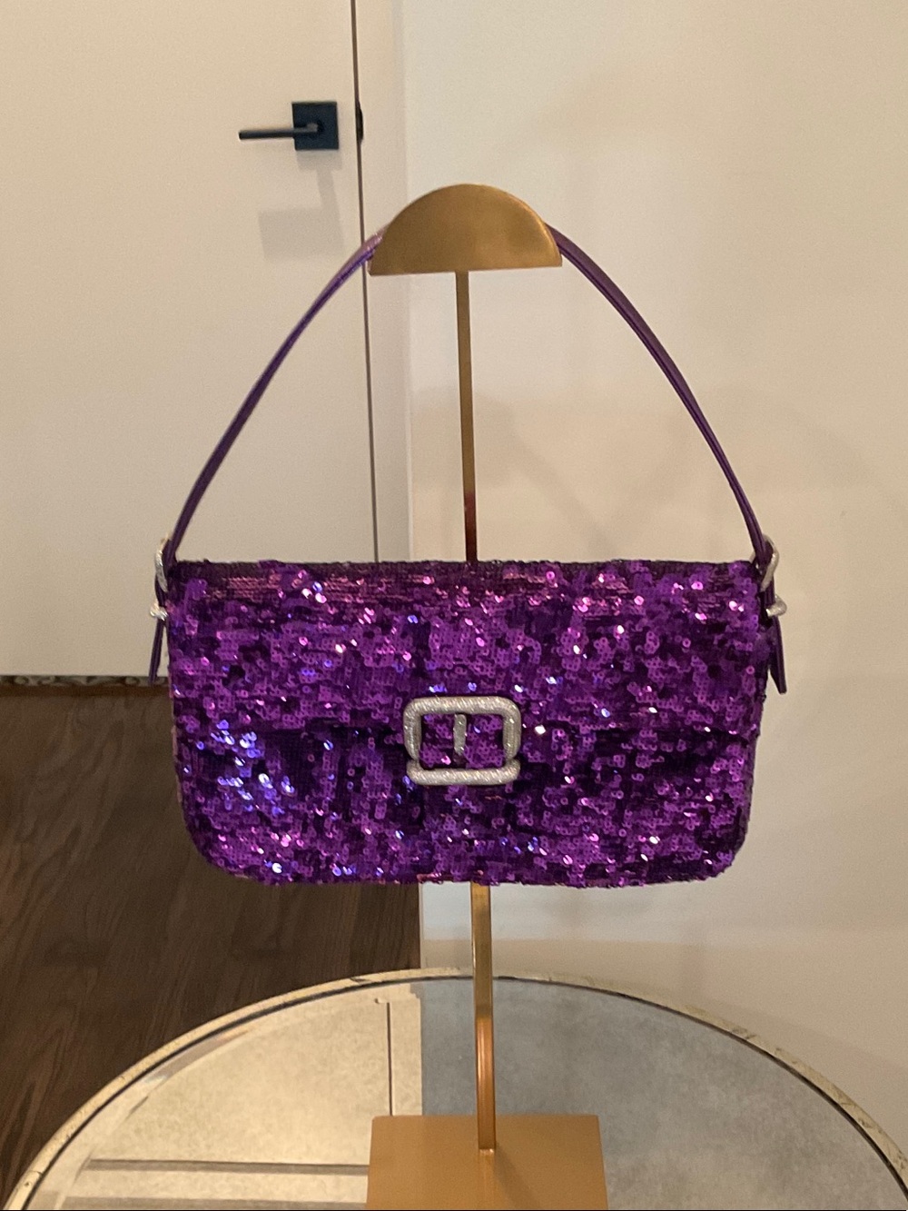 Sequin Purple Shoulder Bag with Decorative Buckle